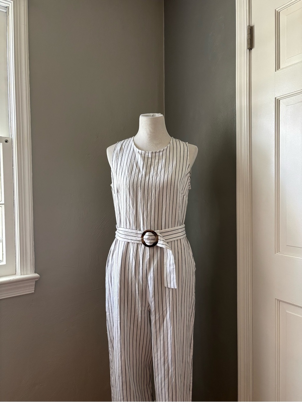 LOFT White Striped Sleeveless Jumpsuit with Belt